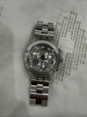 Swatch Silver-tone Crystal Accent Chronograph Watch